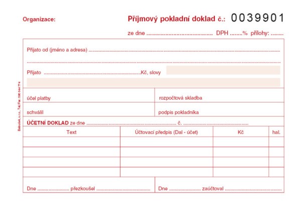 Příjmový pokladní doklad, podvojné účetnictví číslovaný A6 NCR Baloušek PT032