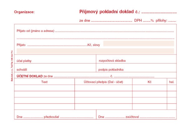 Příjmový pokladní doklad, podvojné účetnictví A6 NCR Baloušek PT030