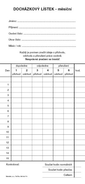 Docházkový list (píchačka) Baloušek ET475