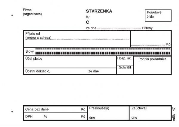 Příjmový pokladní doklad PU 1+1 propisujicí mSk 47