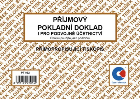 Příjmový pokladní doklad, podvojné účetnictví číslovaný A6 NCR Baloušek PT032