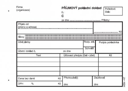 Příjmový pokladní doklad PU 1+1 propisujicí mSk 47