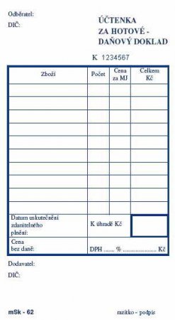 Účtenka za hotové 2x50 propisujicí mSk 62