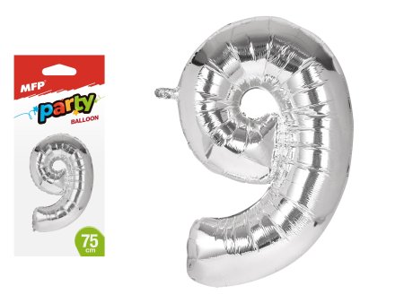 Balónek č. 9 nafukovací fóliový 75 cm - stříbrný