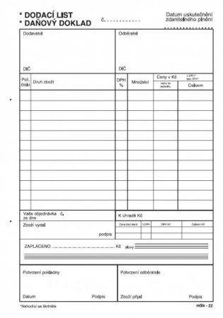 Dodací list-daňový doklad A5 propisujicí mSk 22
