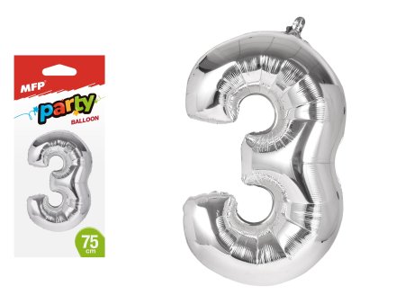 Balónek č. 3 nafukovací fóliový 75 cm - stříbrný
